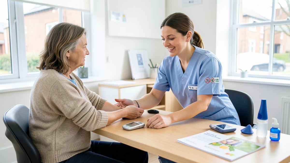 A healthcare professional checking a patient's blood pressure during a GP consultation
