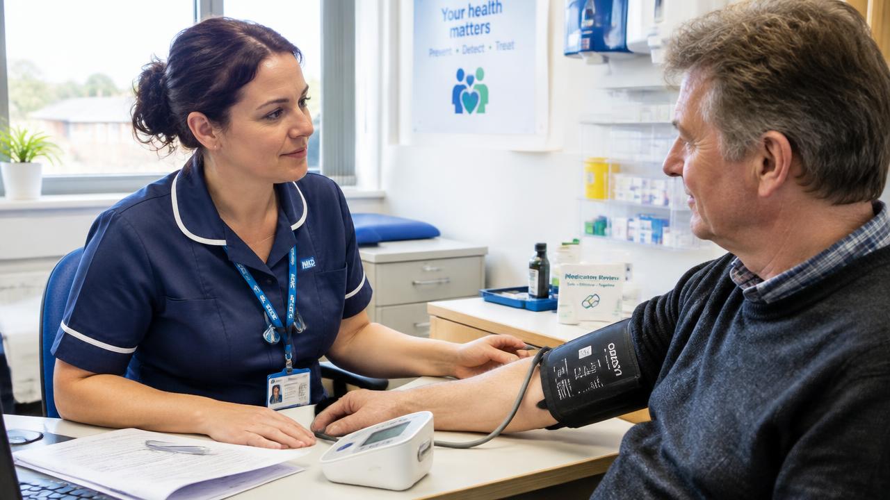 Practice nurse checking an adult patient's blood pressure during an ADHD medication monitoring review in Walthamstow