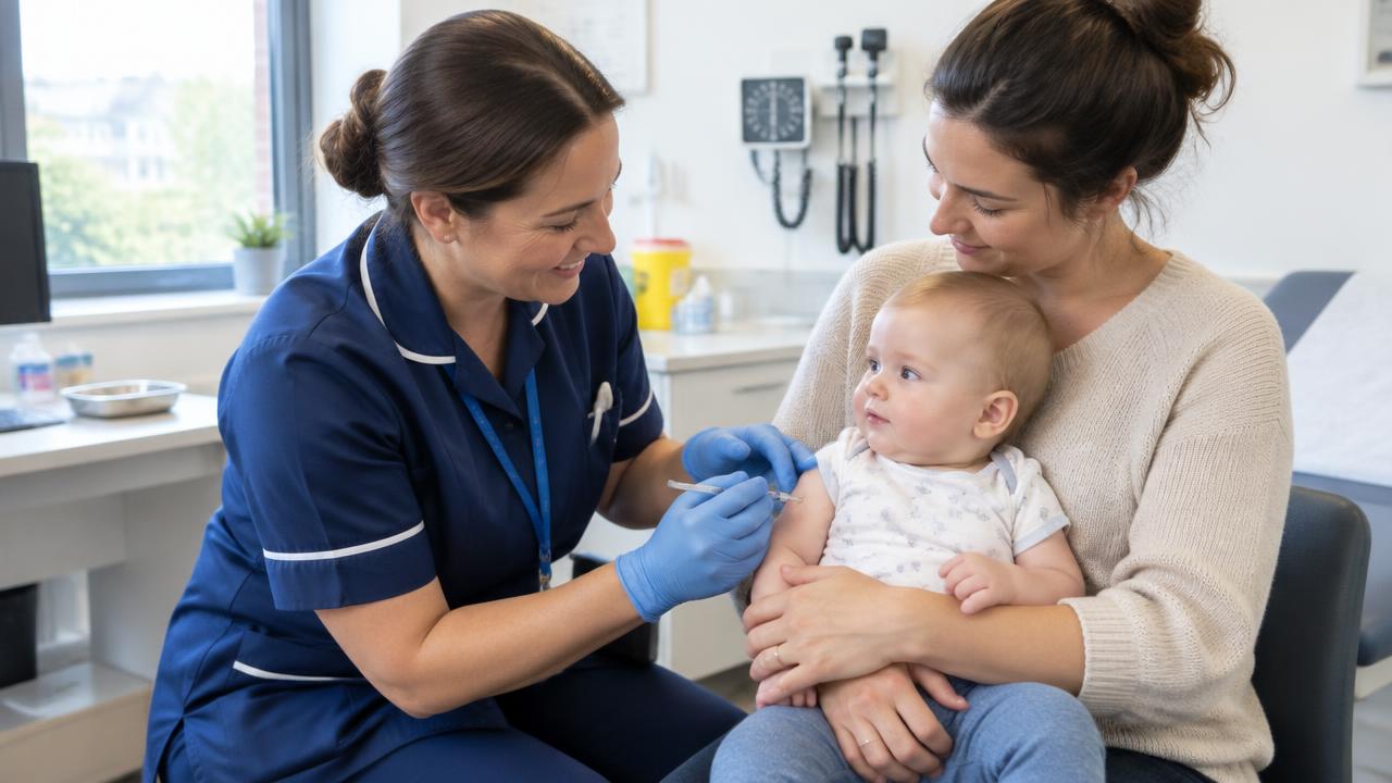 A practice nurse preparing to vaccinate a baby held by a parent in a GP consultation room