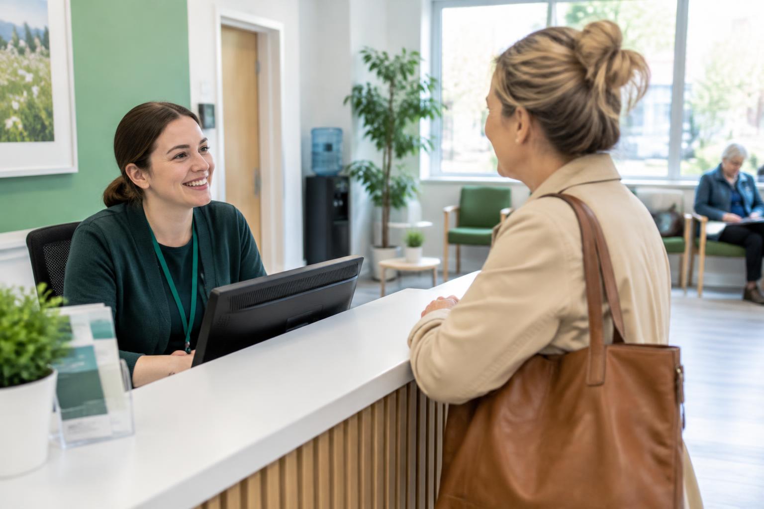 A receptionist welcoming a patient and helping with GP registration