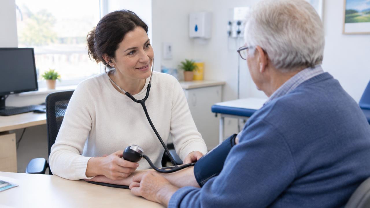 A GP checking a patient's blood pressure during a consultation