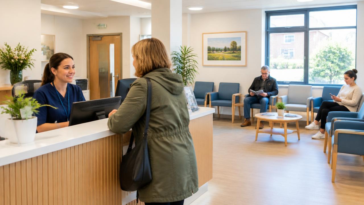 A receptionist welcoming a patient at a GP practice