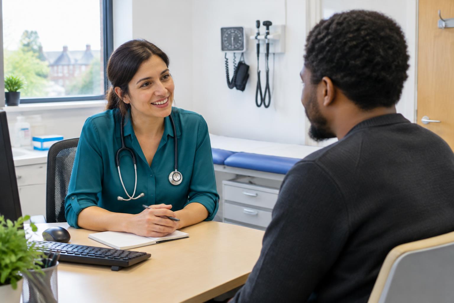 A GP discussing care with an adult patient in a consultation room