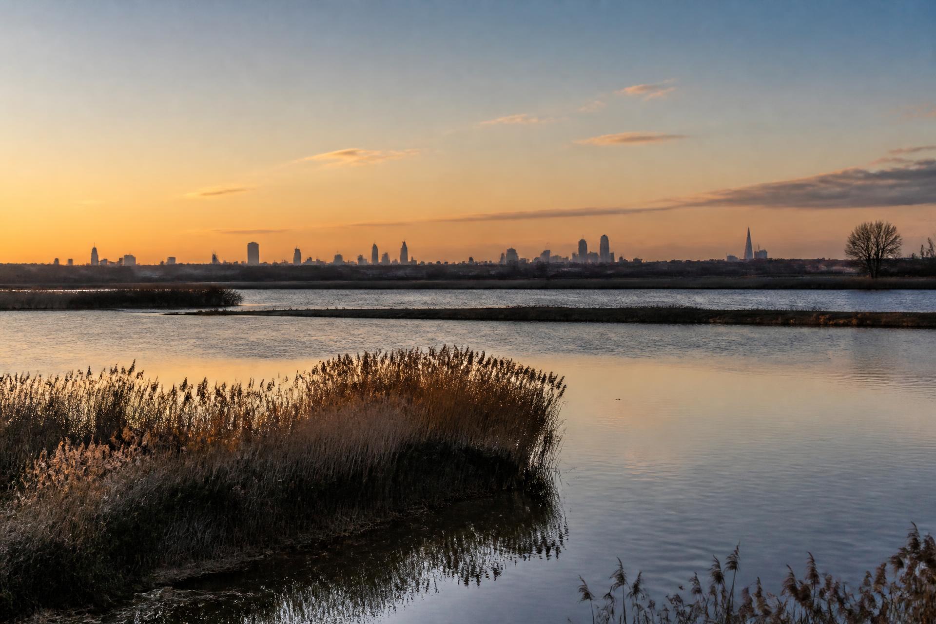 Walthamstow Wetlands at sunset with the London skyline in the distance
